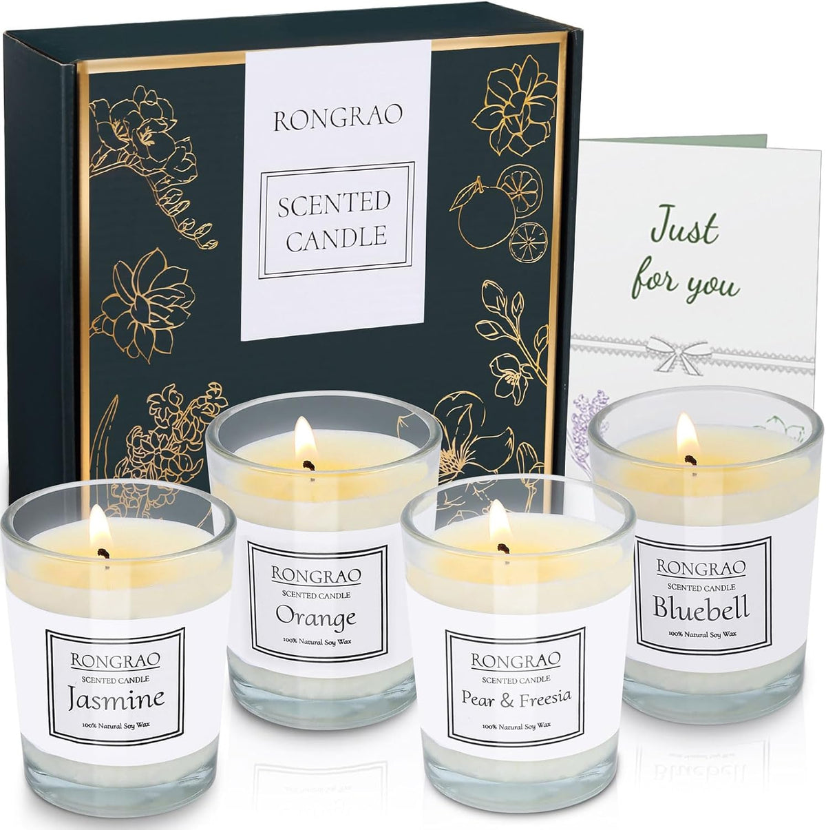 Scented Candles Gift Set, Soy Wax Candle of Jasmine, Pear & Freesia, Orange, Bluebell, Perfect for Women, Birthday, Bath Yoga, Weddings, Christmas, Mother’s Day, Valentine’s Day