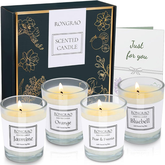 Scented Candles Gift Set, Soy Wax Candle of Jasmine, Pear & Freesia, Orange, Bluebell, Perfect for Women, Birthday, Bath Yoga, Weddings, Christmas, Mother’s Day, Valentine’s Day