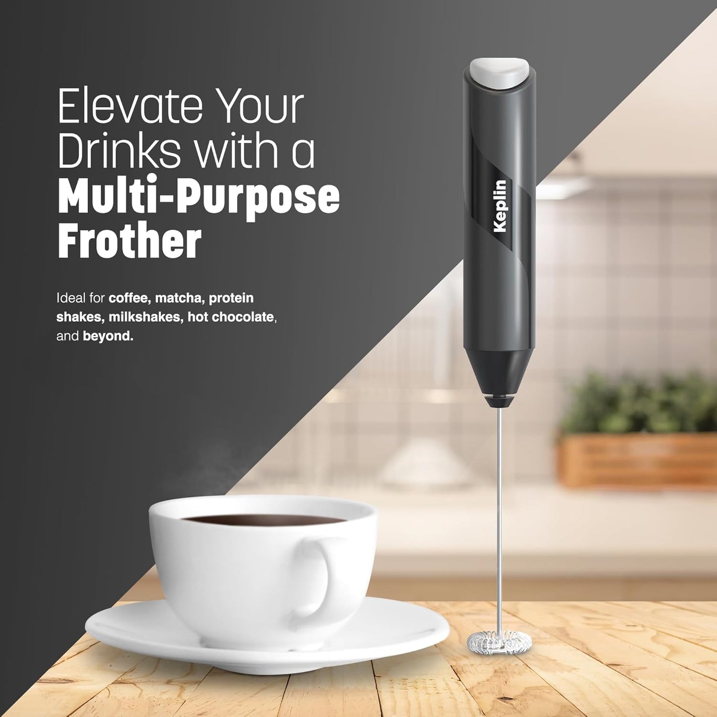 Keplin Handheld Milk Frother – Stainless Steel Electric Whisk, Portable Battery-Operated Coffee Frother for Lattes, Matcha & Protein Shakes – Ergonomic & Easy to Clean (Black)
