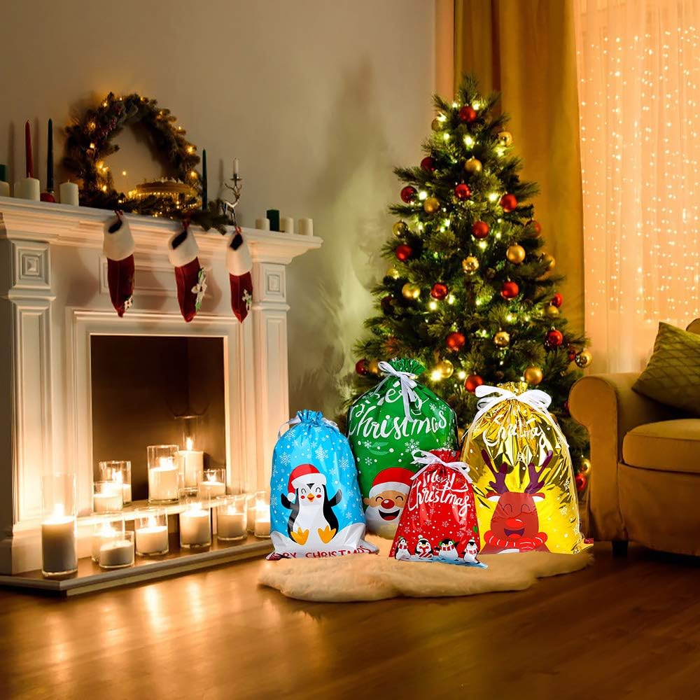 DIYASY 30pcs Christmas Drawstring Gift Bags, Lager Size Xmas Gift Wrapping Goodies Bags