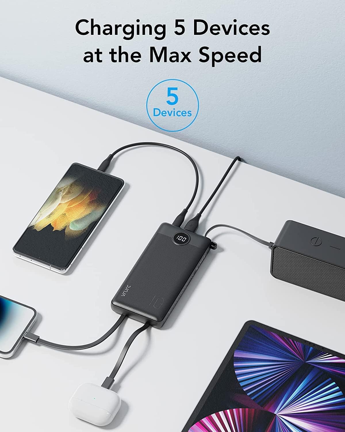 VRURC Portable Power Bank 10,000mAh with Built-In Cables – USB-C Portable Charger with 5 Outputs, 2 Inputs & LED Display – Compatible with iPhone 16/15/14, Samsung S21/S20, Xiaomi