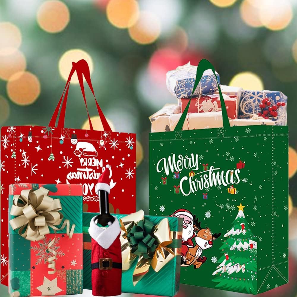 Volsha 4 Pack Christmas Reusable Grocery Bag,Large Tote Bag with Handle, Gift Present Bag, Shopping Bag for Holiday Xmas Event Party