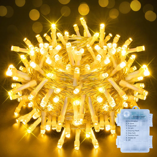 Ollny Fairy Lights Battery Operated, 10m 100 LEDs Bright Battery Powered String Lights, Warm White Outside Christmas Lights Waterproof with 8 Modes/Timer for Indoor Outdoor Bedroom Garden Decorations