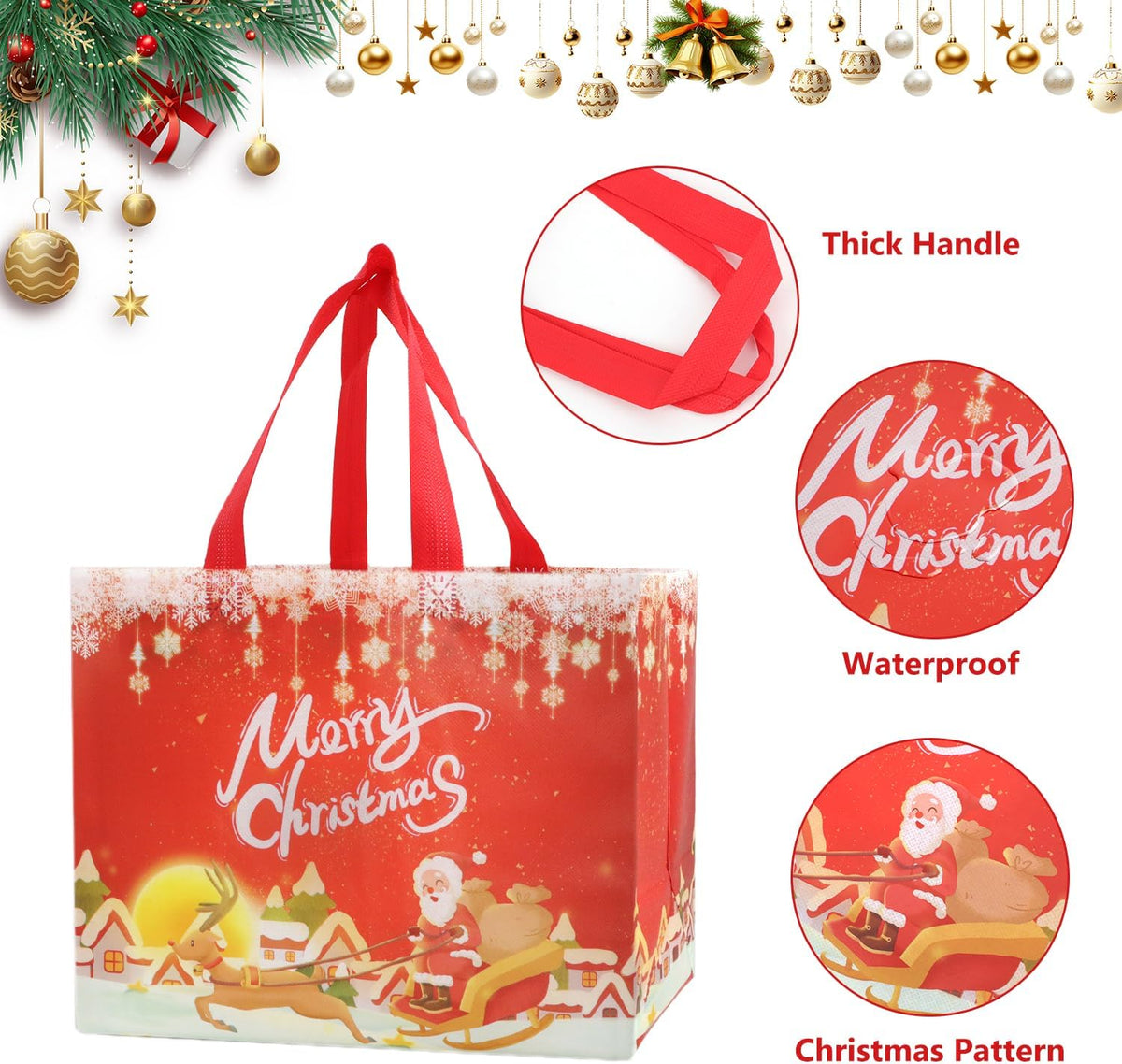 14 Pack Christmas Bags for Gift Assorted Sizes with Tissue Paper, Non-woven 8 Large & 6 Medium Reusable Xmas Party Tote Bag With Handle For Friends Family Kids Present Wrapping,Waterproof