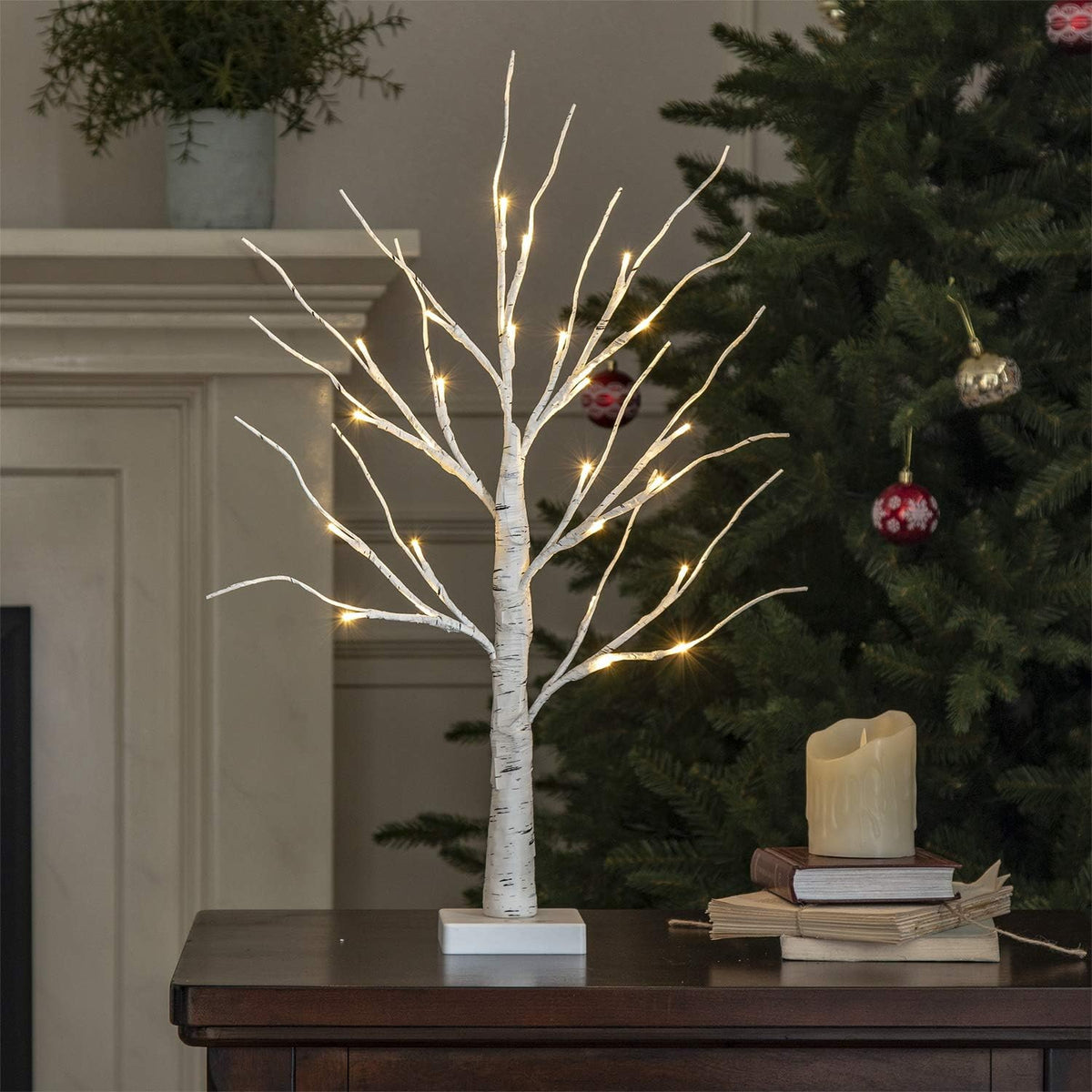 EAMBRITE White Christmas Tree with Lights Mini Birch Twig Tree Ornament with 24 Warm White LEDs Battery Operated Tabletop Decoration for Christmas Home Party Wedding