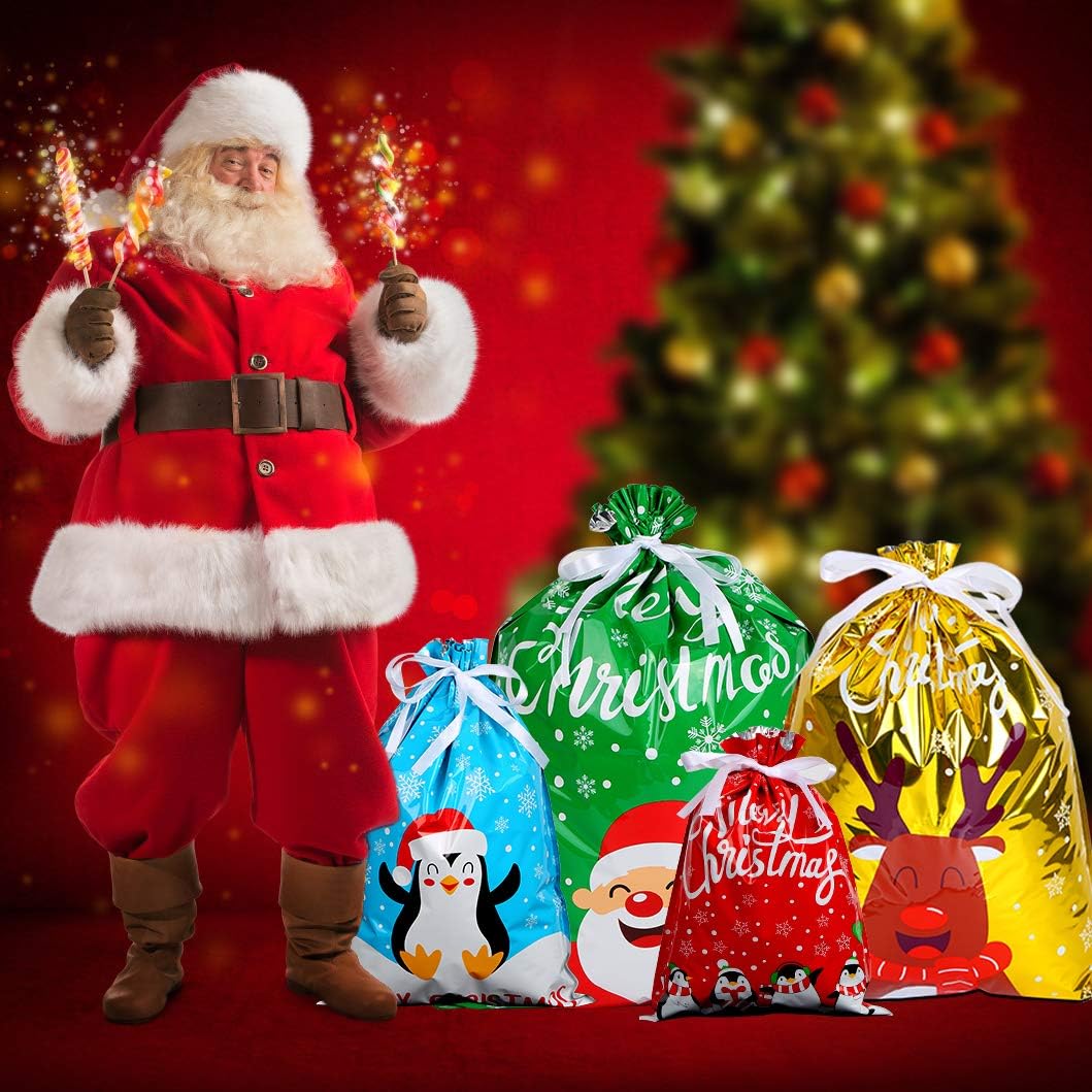 DIYASY 30pcs Christmas Drawstring Gift Bags, Lager Size Xmas Gift Wrapping Goodies Bags