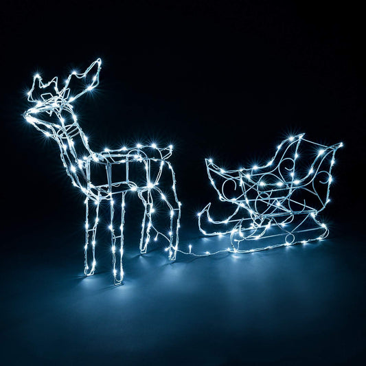 Christow Christmas Reindeer Sleigh Light Up Outdoor Decoration, Energy Efficient LED White Wire Flashing Garden Silhouette, Mains Powered