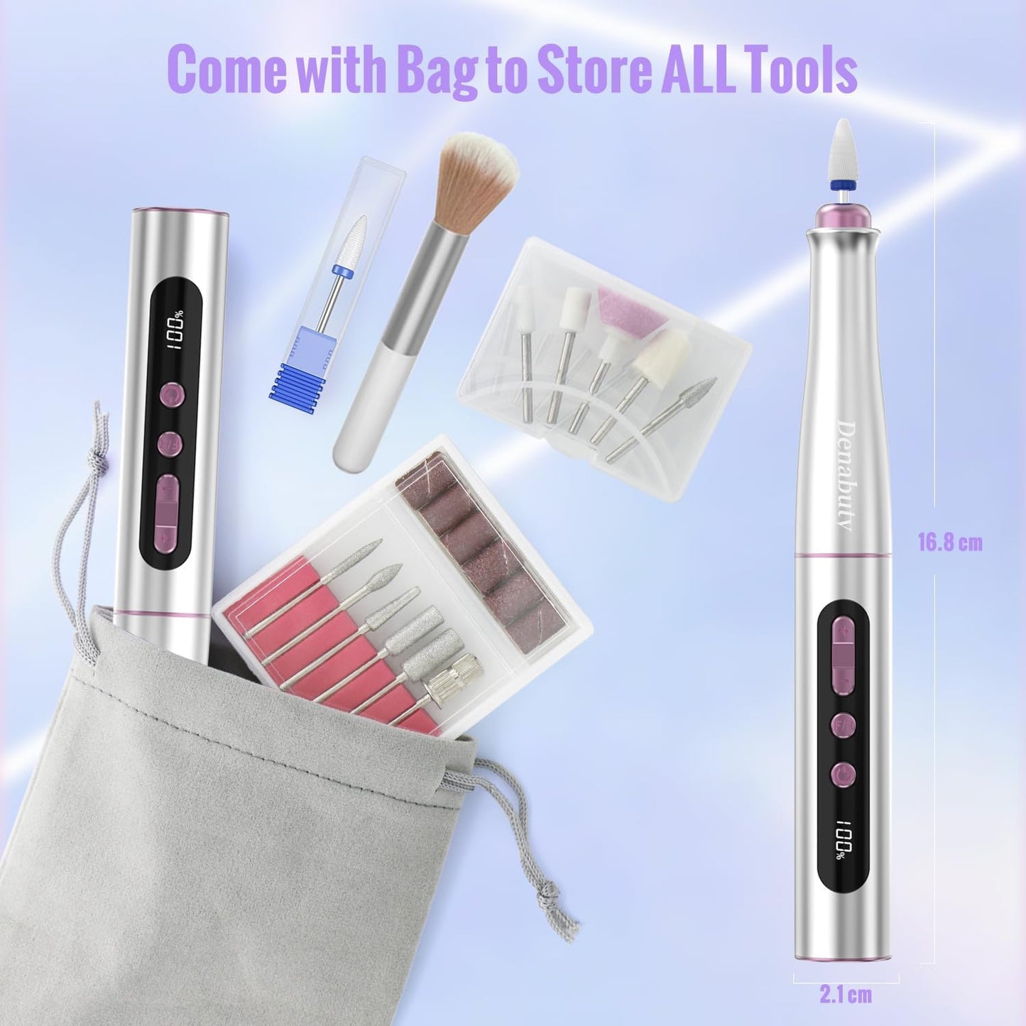 Denabuty Cordless Electric Nail Drill Machine – 13-in-1 Professional Nail File Kit, 35,000 RPM, Portable E-File with 5 Speed Settings for Acrylic & Gel Nail Care – Model DN-2402