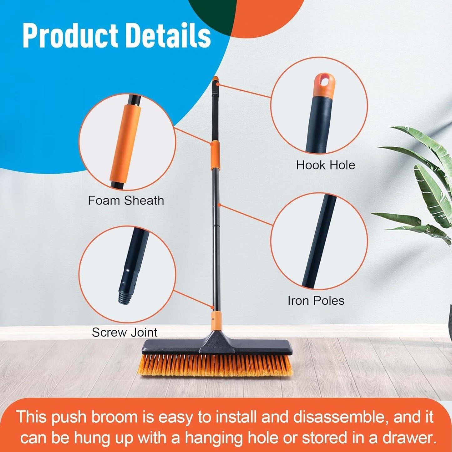 Garden Broom, Yard Brush Heavy Duty Outdoor 2-1, 50&66in, suitable for Schools, Factories, Garden Broom Outdoor,Sweeping Brush (17.7in)