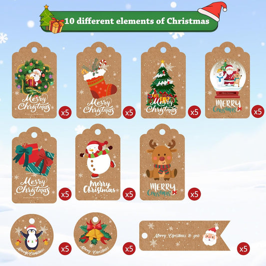 AUXHCYL 50 Pcs Christmas Tags for Present, 10 Styles Christmas Labels with Holes, Hanging Xmas Gift Tags with String for Decorating Christmas Trees or Gift Packaging