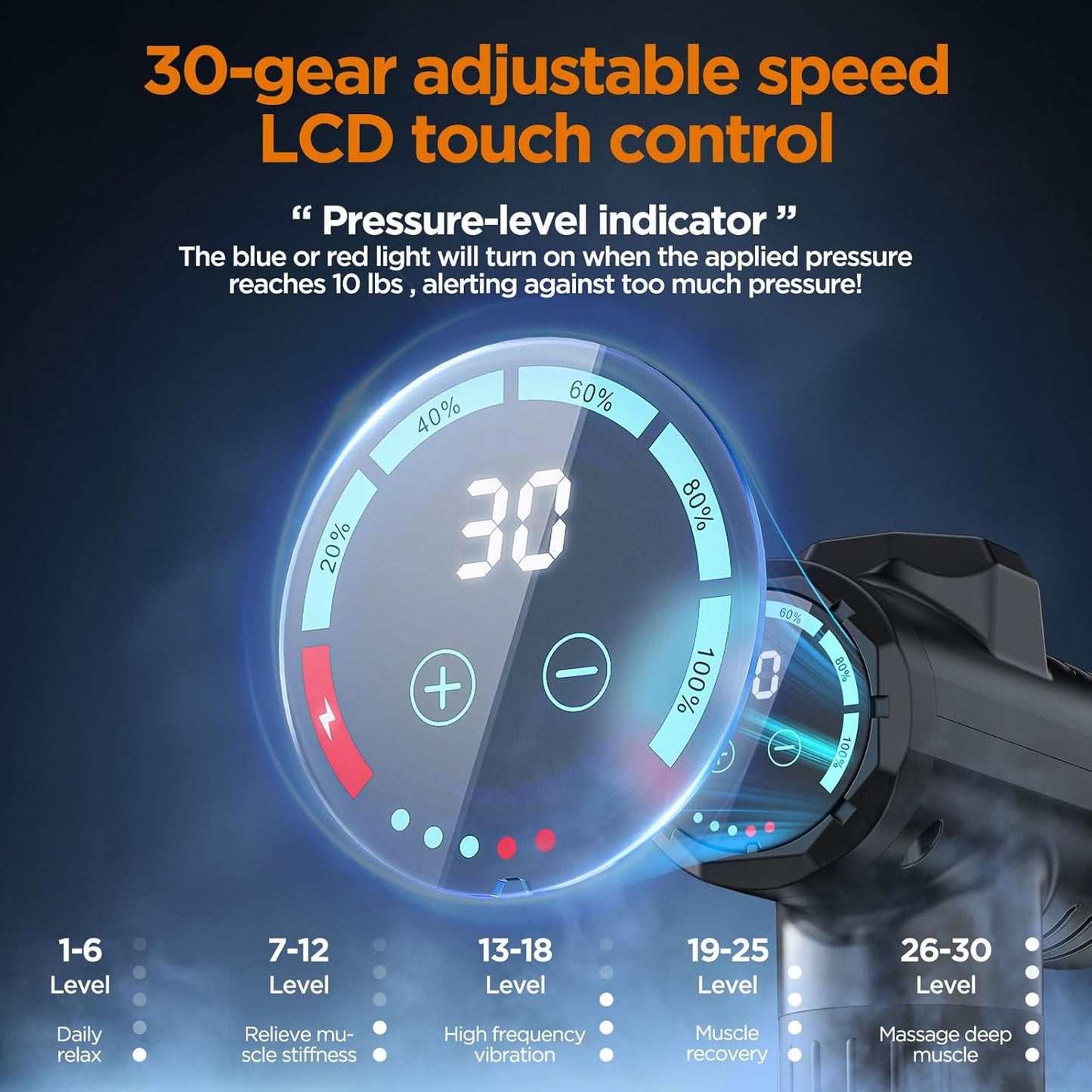 Portable Deep Tissue Massage Gun – 30-Speed Muscle Massager with LCD Touch Screen & 10 Attachment Heads – Ideal for Body, Back & Shoulder Relaxation