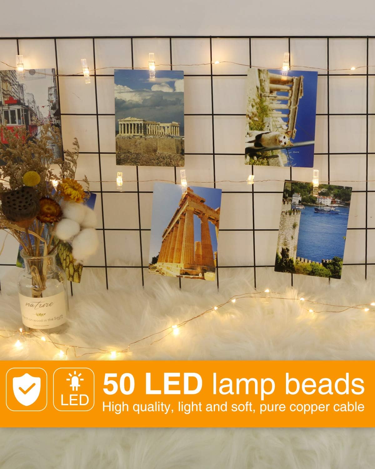 Kolpop 50LED Photo Clip String Lights, 5M Photo Peg Fairy Lights Indoor with 30 Clips Battery Powered Cooper Wire Hanging String Photo Display for Bedroom Birthday Wedding Party Christmas Decorations