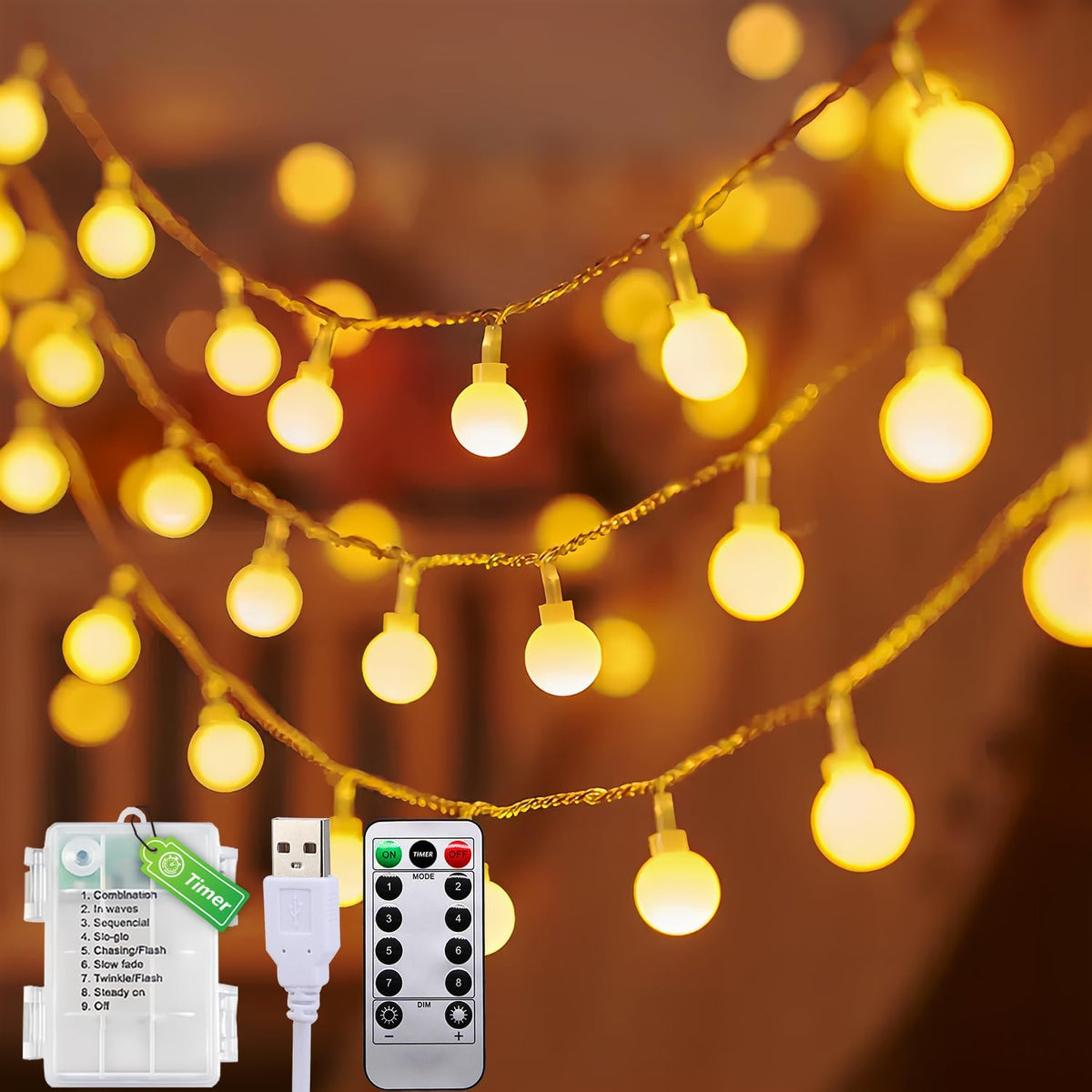 taiyongkang Globe Fairy Lights Battery Powered or USB, 12m/39ft 100 LED Warm White Ball String Lights with Remote & Timer, 8 Modes, Indoor Outdoor Bedroom Garden Camping Waterproof Fairy Lights