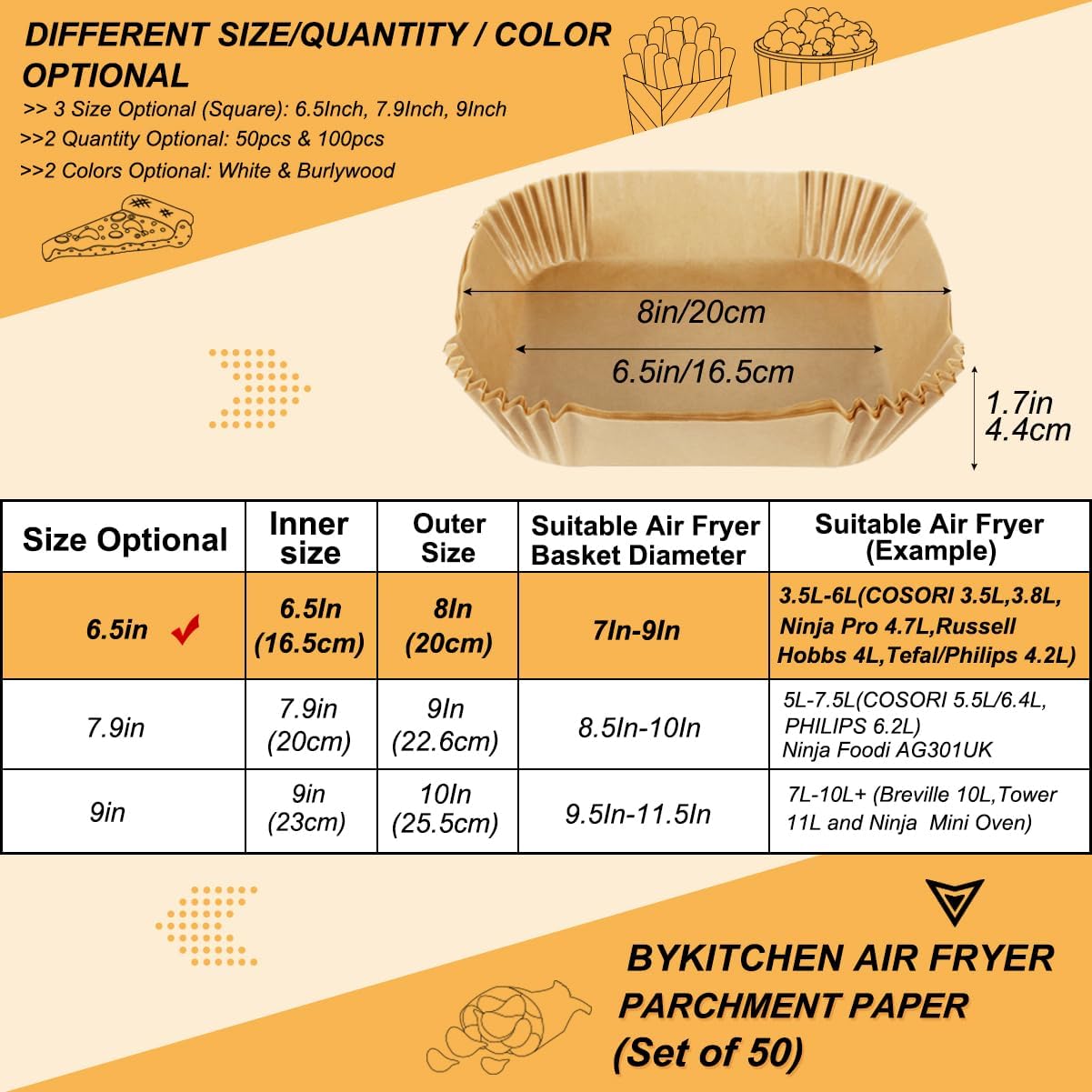 BYKITCHEN Air Fryer Parchment Paper Liner, 50PCS Square Air Fryer Liners Disposable, Greaseproof Paper, Compatible with COSORI, Ninja, Tefal, Russell Hobbs Fryers
