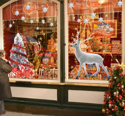 Large Christmas Window Stickers Colorful Christmas Trees Window Sticker Merry Christmas Tree Reindeer Snowflakes Decals for Shop Window Glass DIY Decorations