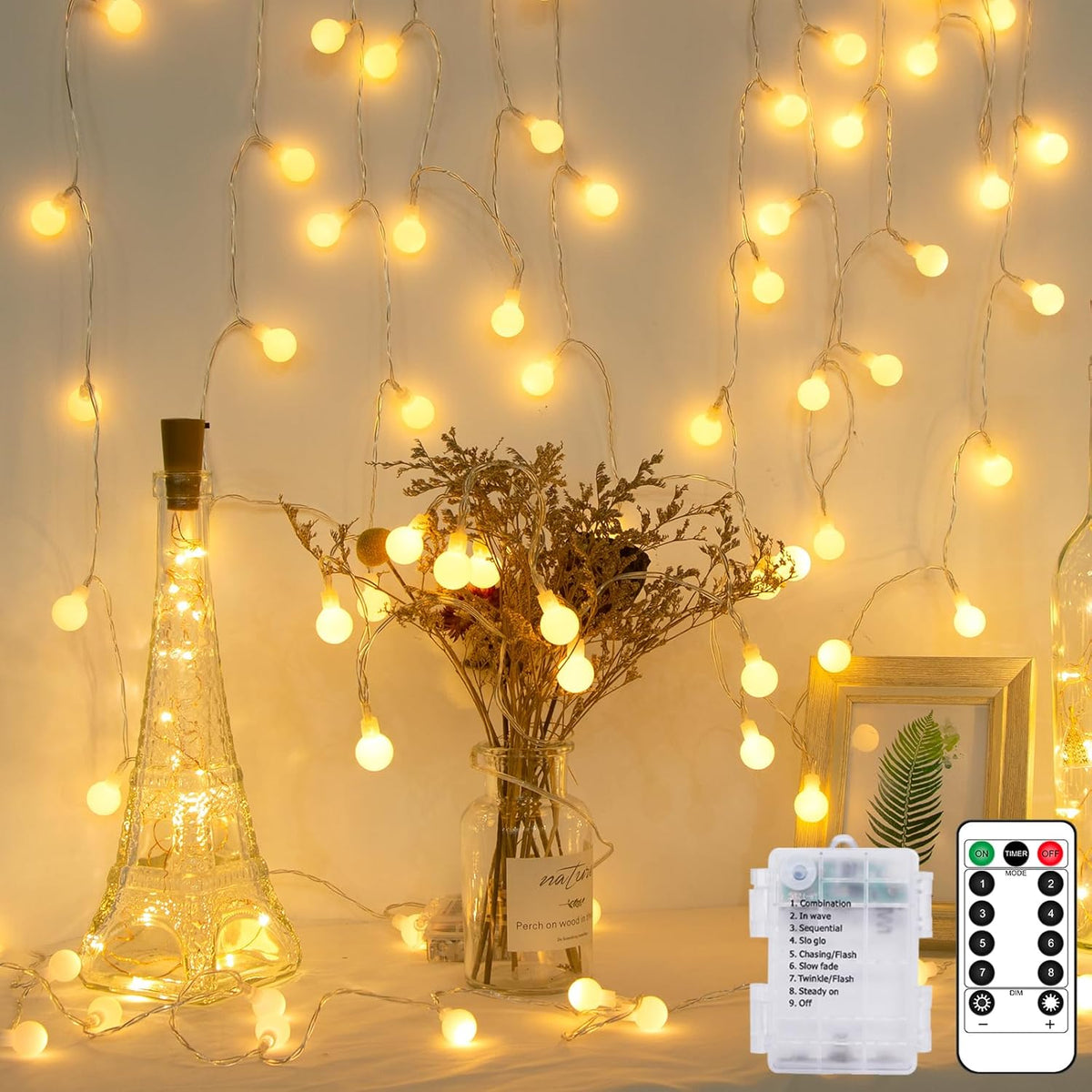 Kolpop Globe Fairy Lights Battery Operated with Remote & Timer, 10.3M 80LED 8 Modes String Lights Waterproof, Warm White Fairy Light for Indoor Outdoor Christmas Bedroom Garden
