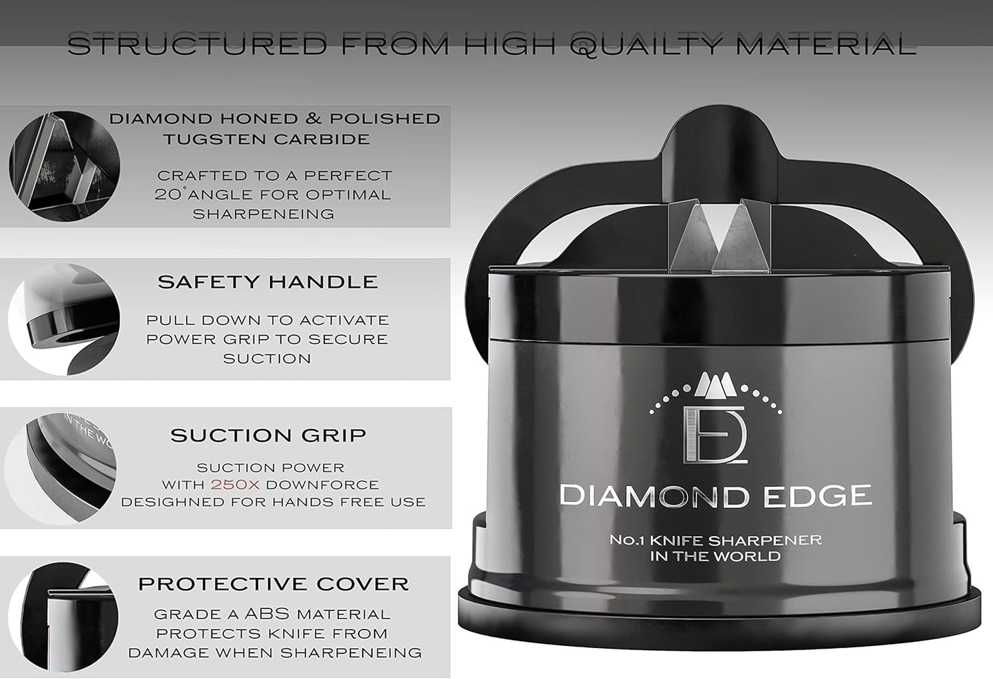 Diamond Edge No.1 Knife Sharpener – Safe & Compact Manual Knife Sharpener for Any Knife - Knives Sharpener Suitable for Serrated & Outdoor Blades – Professional Quality, Black