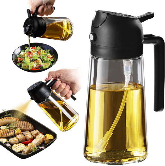 TrendPlain 470ml Olive Oil Spray Bottle - 2 in 1 Olive Oil Dispenser Bottle for Kitchen Accessories - Kitchen Gadgets, For Air Fryer - Black