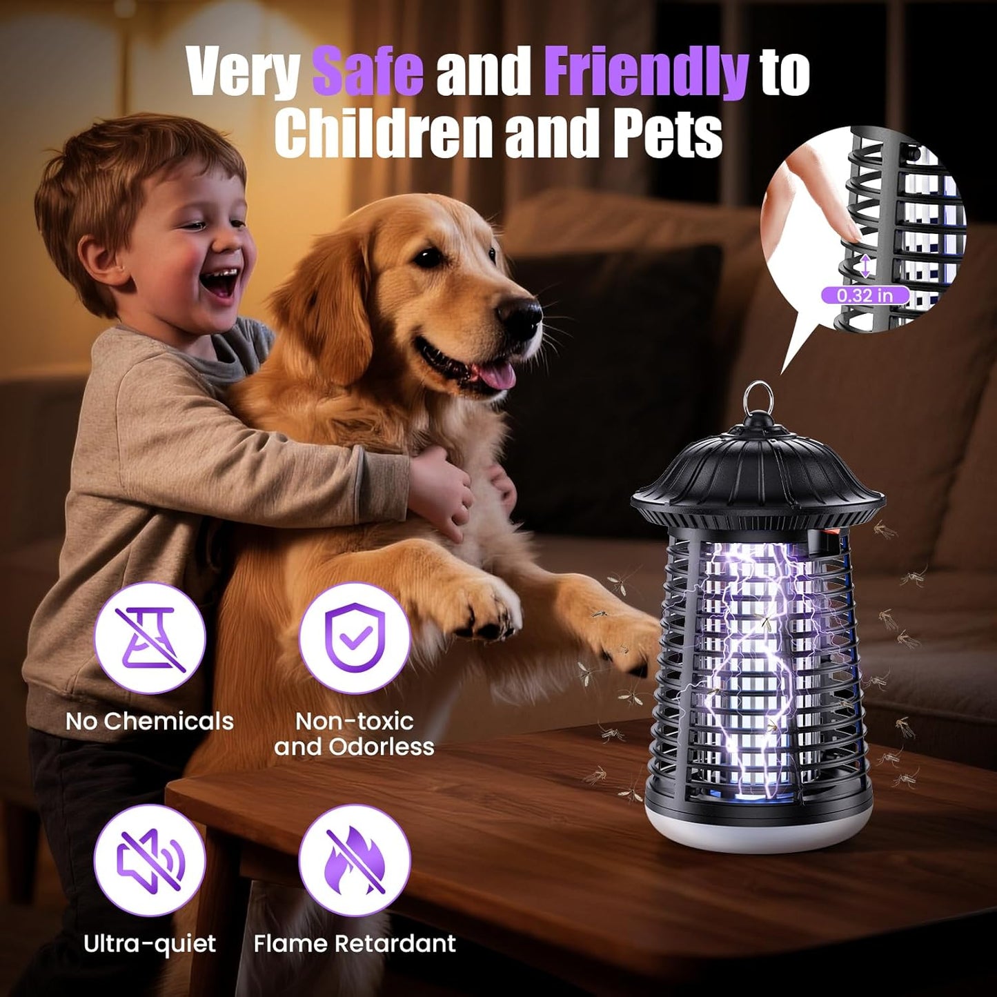 PKBD Bug Zapper, 2-in-1 4200V 15W UV Insect Pest Fly Killer with LED Light, IPX4 Waterproof Electric Fly Zapper with 3m Power Cord for Indoor/Outdoor Use, Mosquito Killer for Home and Garden, Black