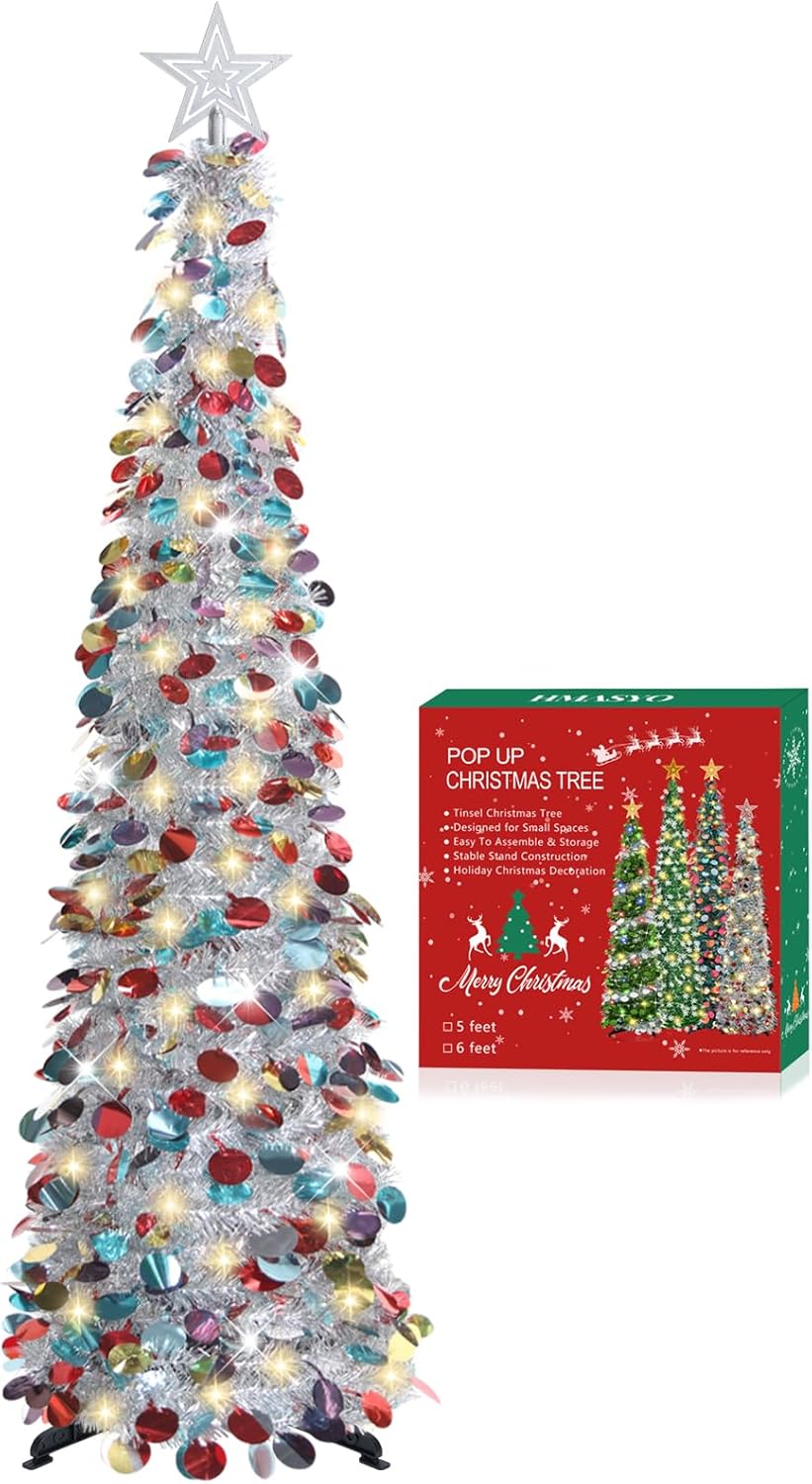 HMASYO 5FT/1.5M Pop Up Christmas Tree with Timer Lights, Silver Tinsel Christmas Tree, Collapsible Artificial Pencil Tree Xmas Decoration for Indoor Home Apartment Porch Party, Easy Assembly