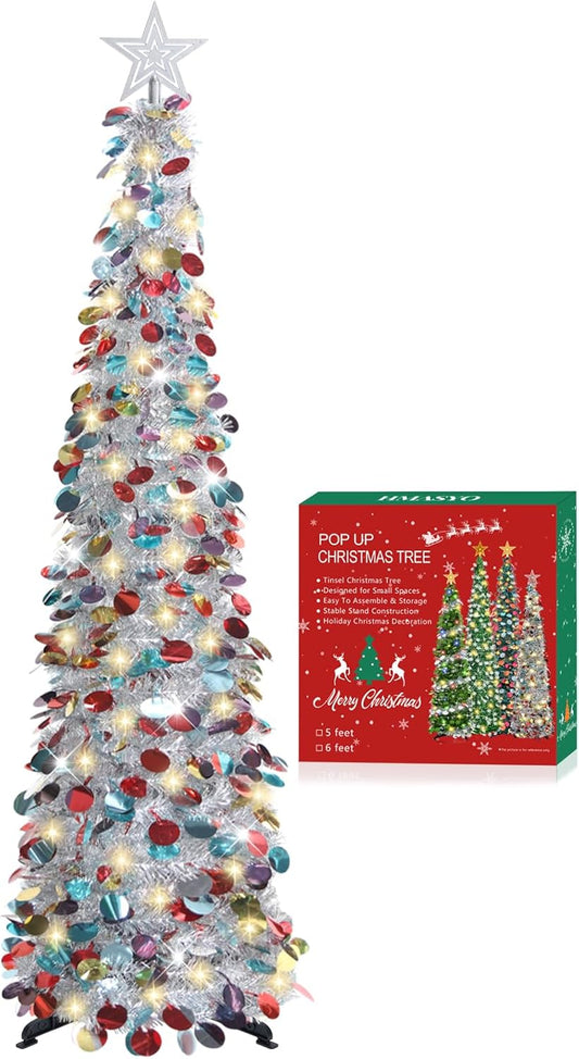 HMASYO 5FT/1.5M Pop Up Christmas Tree with Timer Lights, Silver Tinsel Christmas Tree, Collapsible Artificial Pencil Tree Xmas Decoration for Indoor Home Apartment Porch Party, Easy Assembly