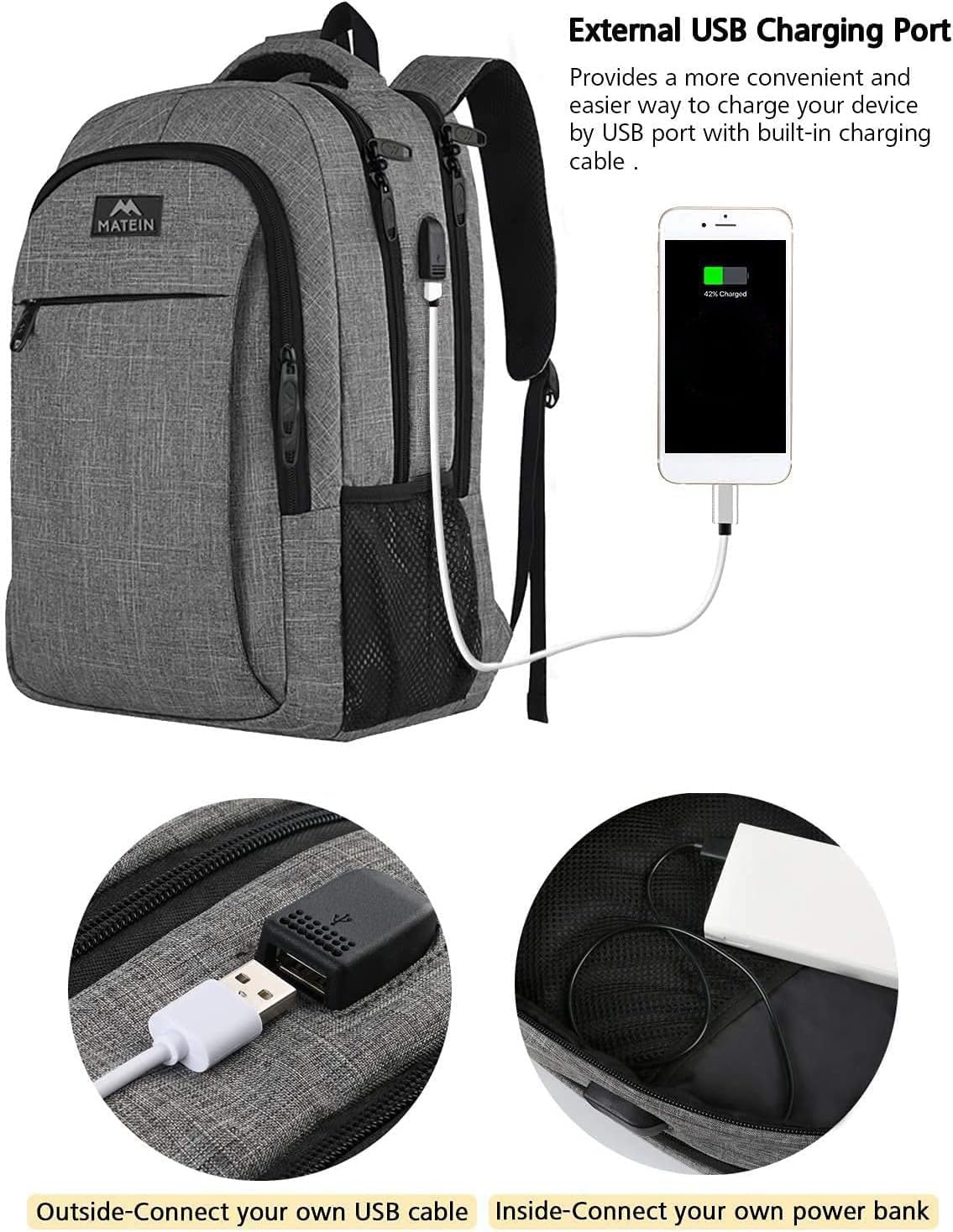 MATEIN Travel Laptop Backpack, Work Bag Lightweight Laptop Bag with USB Charging Port, Anti Theft Business Backpack, Water Resistant School Rucksack Gift for Men and Women, Fits 15.6 Inch, Grey
