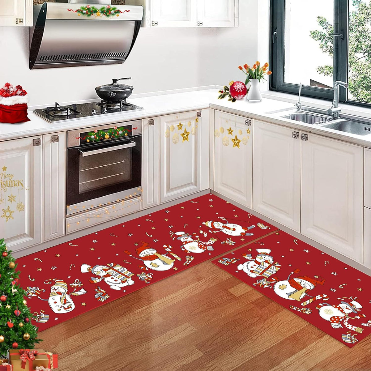 CAROMIO Christmas Kitchen Carpet Runners 40x60 + 40x120 cm Kitchen Rugs Washable 2 Pieces Rubber Backing Non Slip Floor Mats for Kitchen Dining Room Hallway Christmas Rug Snowman