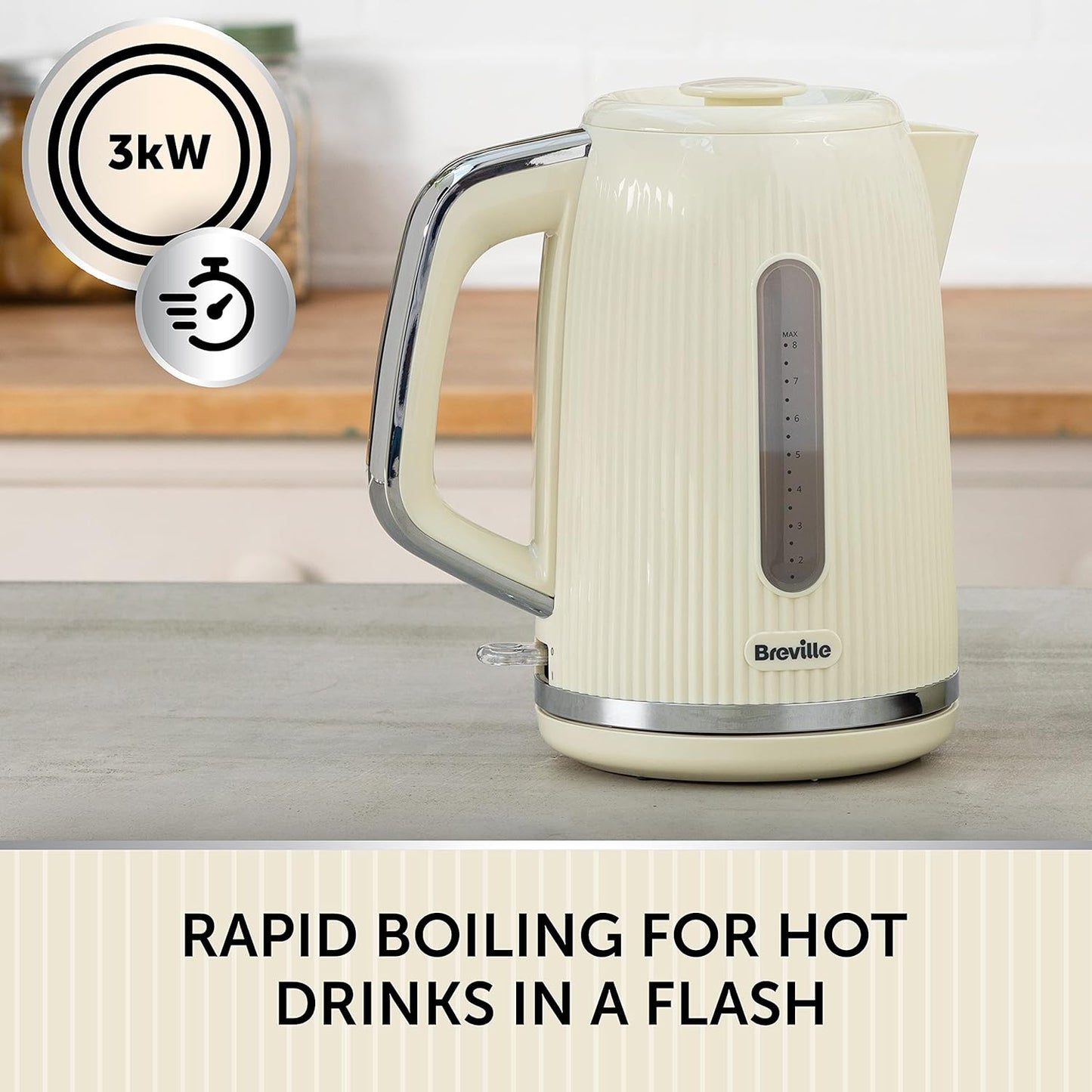 Breville Bold Vanilla Cream Electric Kettle – 1.7L Capacity | 3kW Fast Boil | Cream & Silver Chrome Finish [VKT223]