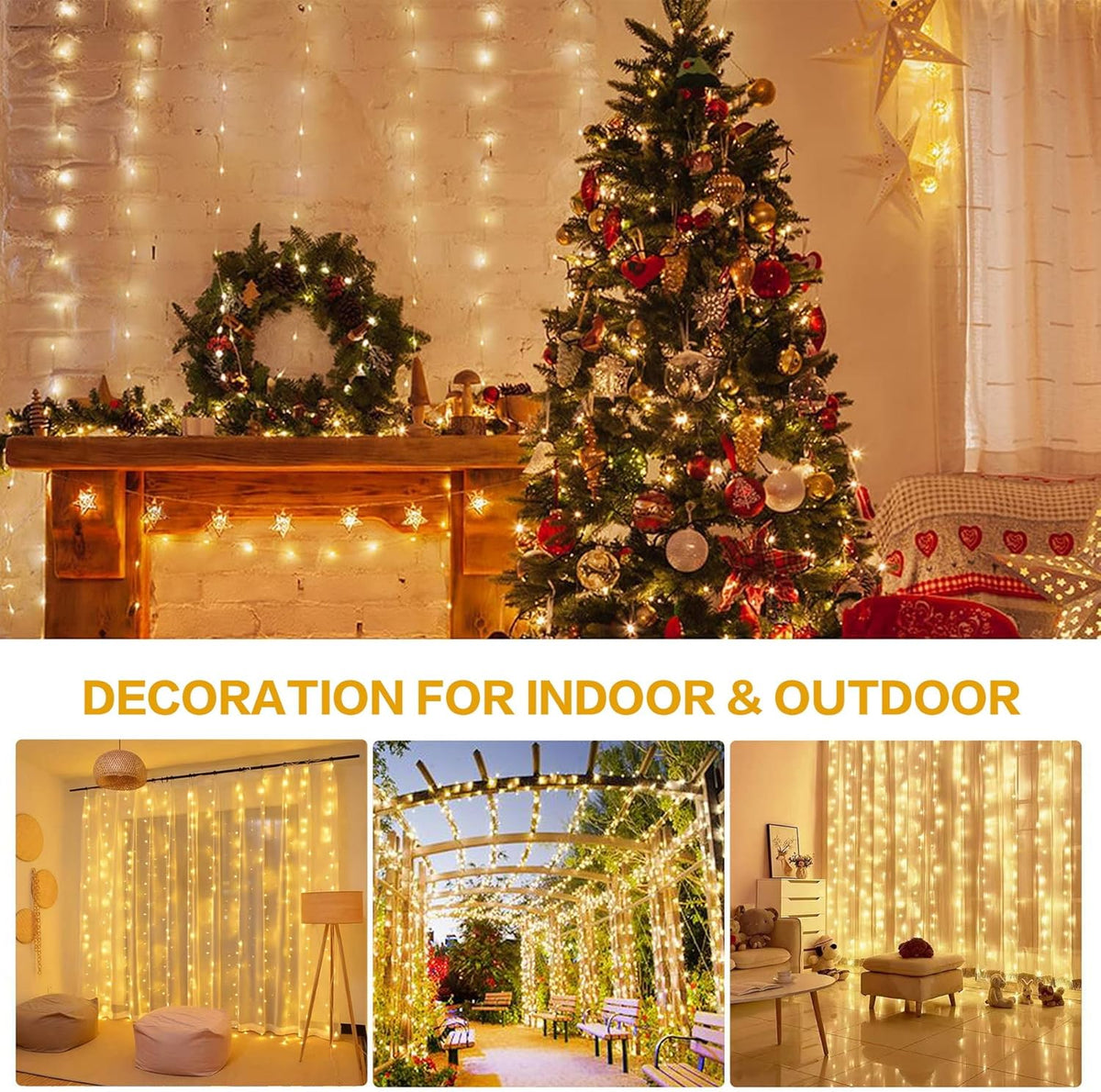 Lezonic Curtain Fairy Lights, 3m×3m 300LED Fairy Lights with 8 Modes Remote Control Timer Adjustable Brightness, Curtain Light Plug in for Bedroom, Garden, Party, Wedding,Christmas (Warm White)