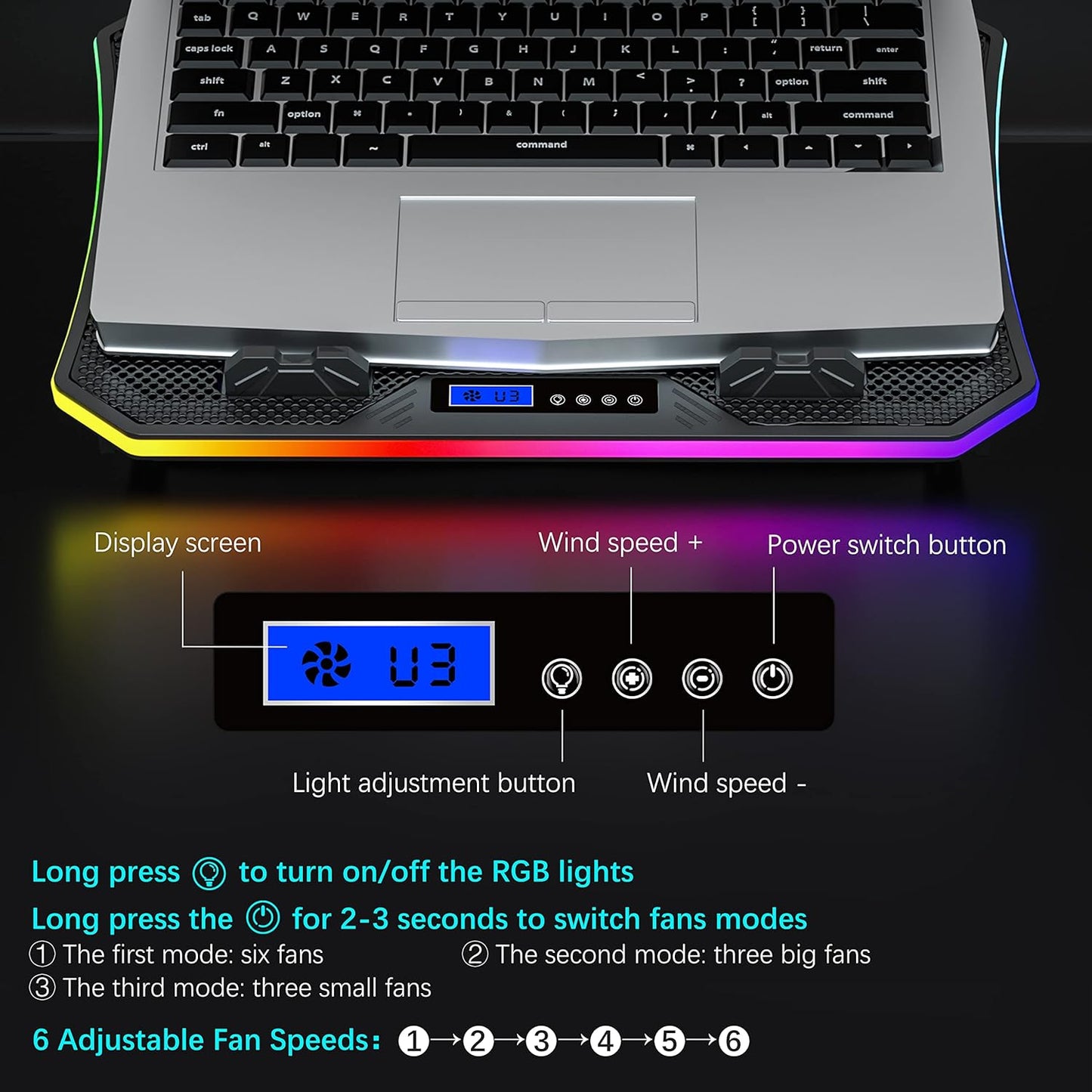TopMate C12 Laptop Cooling Pad RGB Gaming Notebook Cooler for Desk and Lap Use, Laptop Fan Stand 8 Adjustable Heights with 6 Quiet Fans and Phone Holder, for 15.6-17.3 Inch Laptops -Ice Blue LED Light