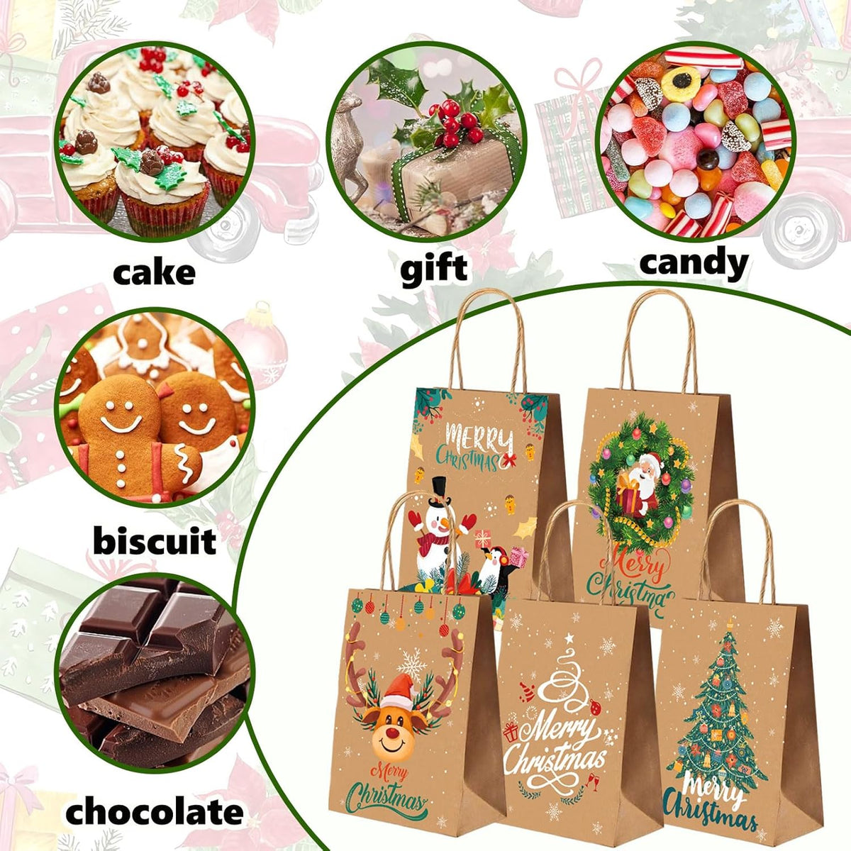 AUXHCYL Christmas Bags Gift Small, 10 Pcs Xmas Bag for Presents, 5 Style Kraft Paper Gift Bags with Handles, Perfect for Christmas Party Favor Supplies(21 x 15 x 8 cm)