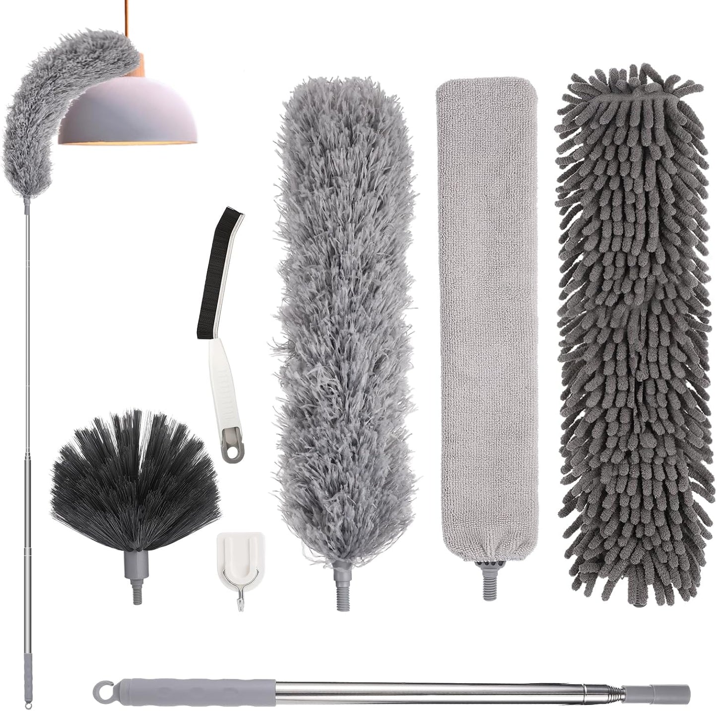 Feather Duster,7 PCS Extendable Bendable Washable Cobweb Brush with Extension Pole Up to 100'', Long Feather Duster for Cleaning Ceiling Fan,High Ceiling,Furniture