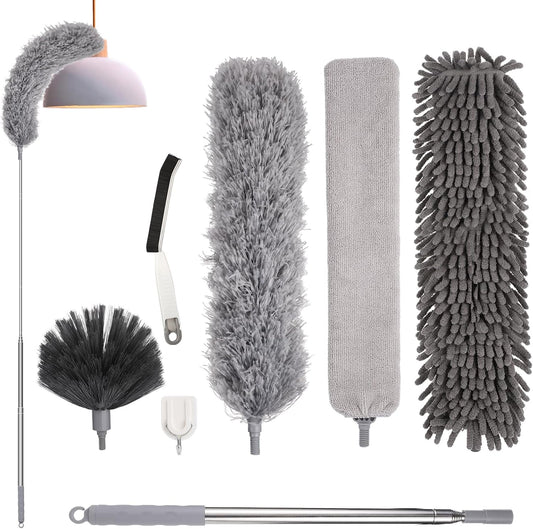Feather Duster,7 PCS Extendable Bendable Washable Cobweb Brush with Extension Pole Up to 100'', Long Feather Duster for Cleaning Ceiling Fan,High Ceiling,Furniture