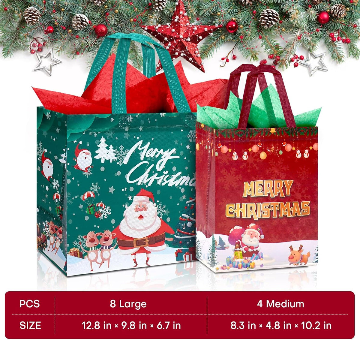 12 Pack Christmas Bags with Tissue Paper, Reusable Tote Bag with Handles Includes 8 Large 13",4 Medium 10" Christmas Treat Shopping Bags, Xmas Party Favor Bags Decorations