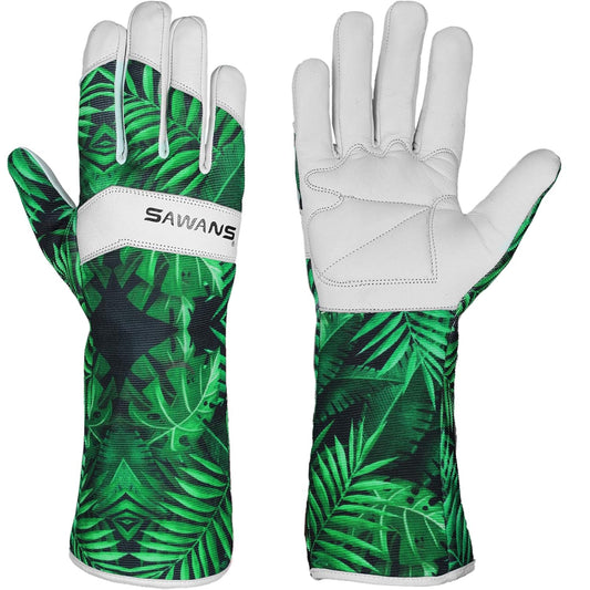 Leather Gardening Gloves Ladies Men/Women Short & Long Forearm Protection Thorn Proof Breathable Spandex Goatskin Leather Rose Pruning Garden Safety Work Gloves, Best Garden Gifts (Long Gloves, L)