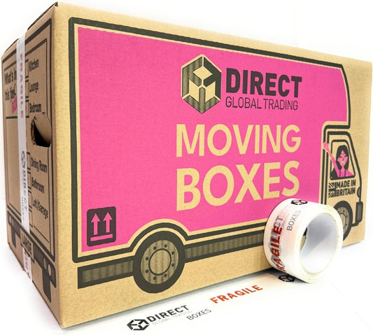 20 Strong Large Cardboard Storage Packing Moving House Boxes with Fragile Tape 52cm x 30cm x 30cm 47 Litres Carry Handles and Room List