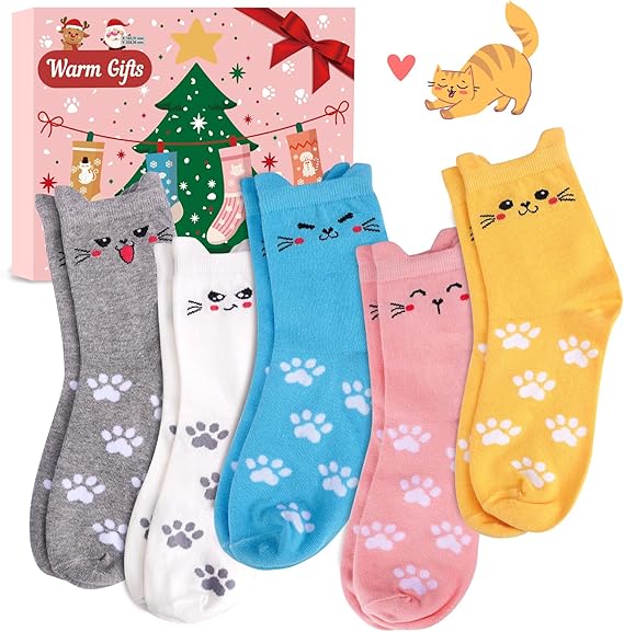 Christmas Gifts for Women Stocking Fillers: 5 Pairs Cotton Cat Socks Womens 4-7, Funny Novelty Animal Warm Socks Lovers Cat Secret Santa Present Christmas Xmas Gifts for Women Her Mum Teenage Girls