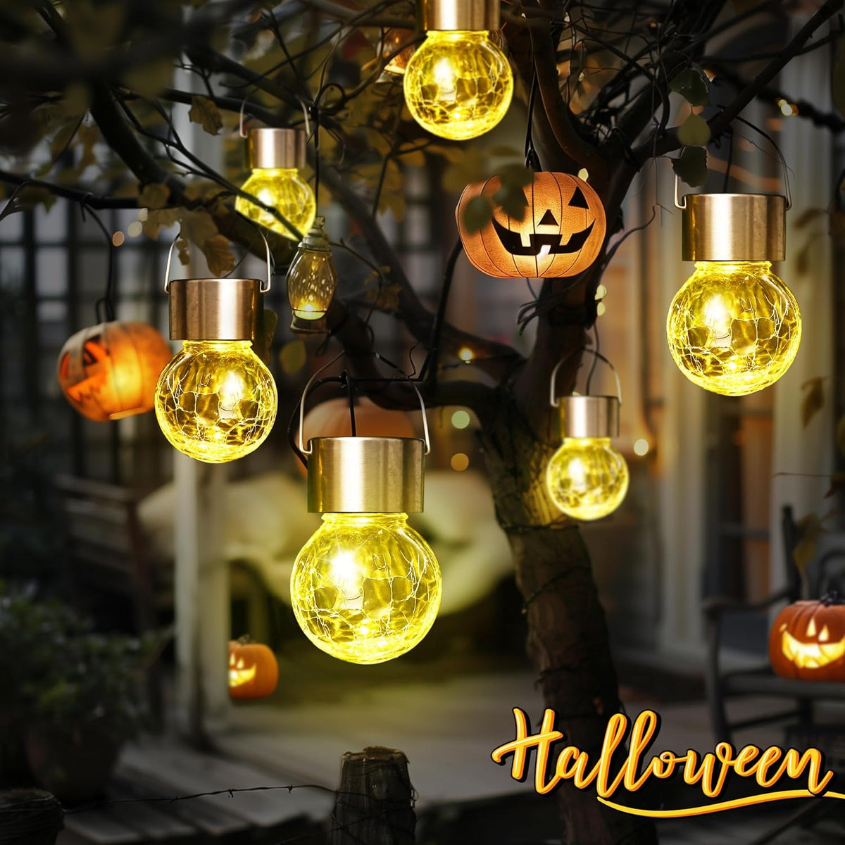 GIGALUMI 8 Pack Solar Outdoor Lights - Hanging Lights for Christmas Decoration - Cracked Glass, Waterproof for Garden, Yard, Fence, Tree (Warm White)