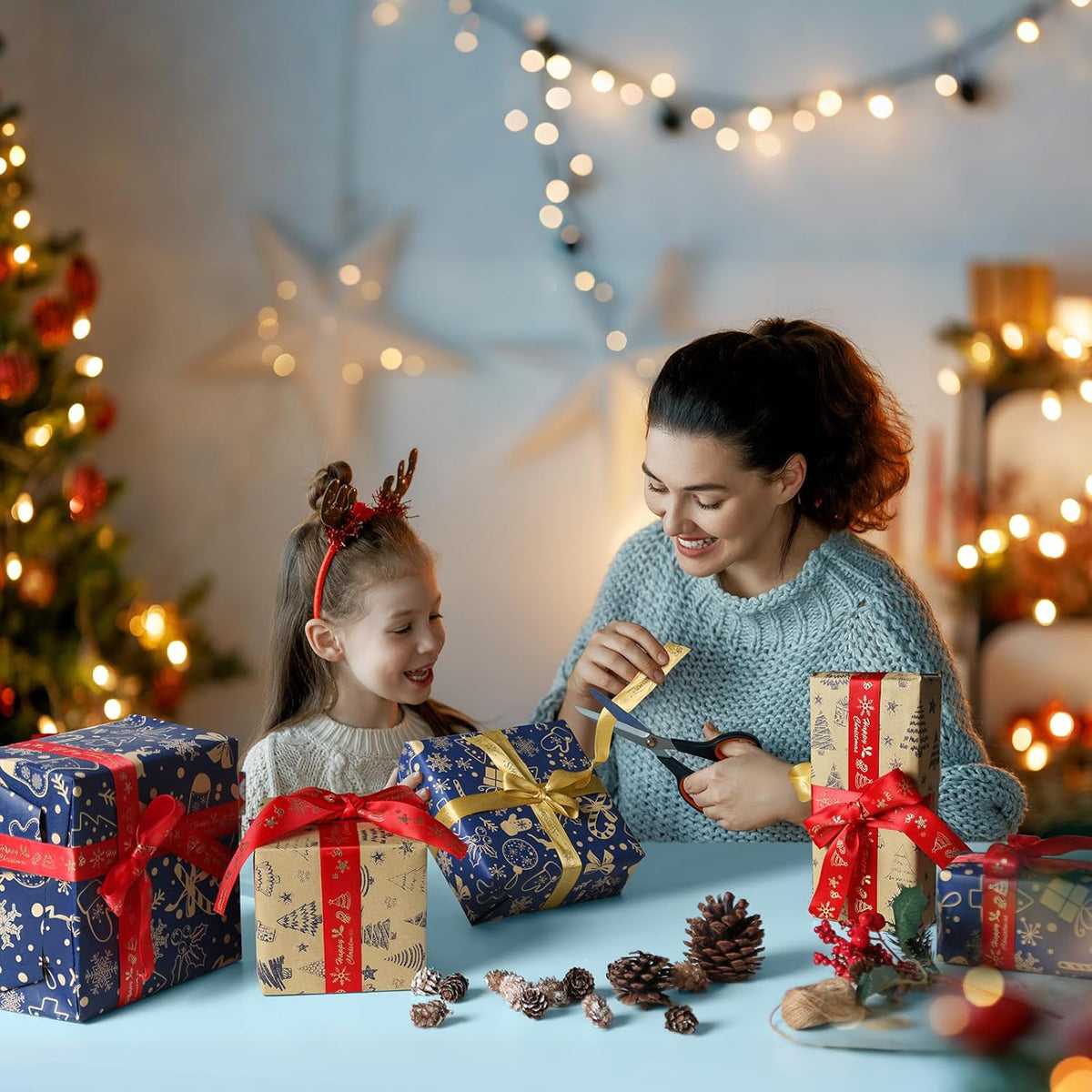 Christmas Wrapping Paper Roll for Xmas Gift Wrap, 43cm*10m Luxury Blue Double-sides Kraft Present Paper for Secret Santa Claus Ornament Party New Year Festive Holiday, One Roll_Two Packing Pattern