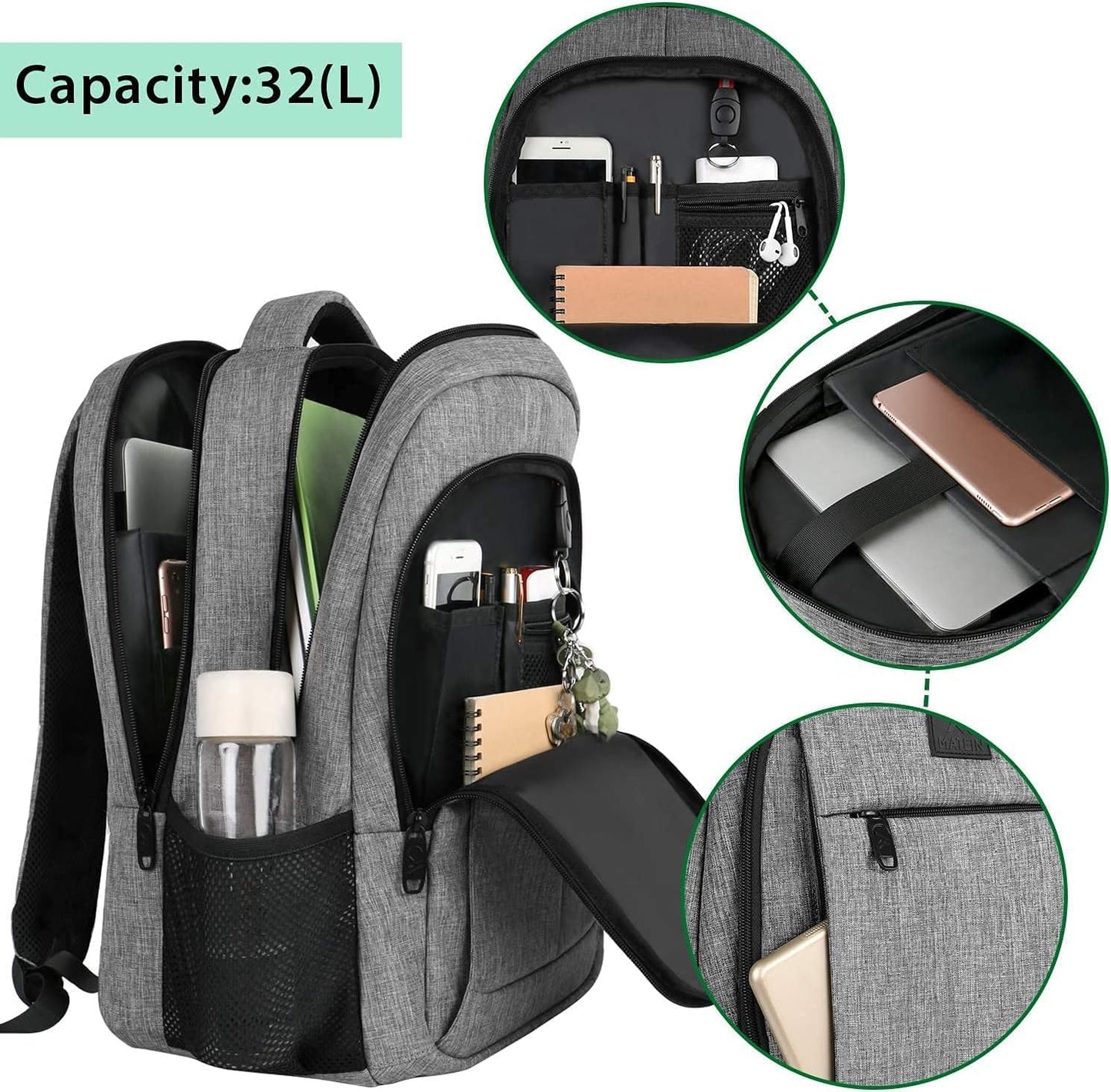 MATEIN Travel Laptop Backpack, Work Bag Lightweight Laptop Bag with USB Charging Port, Anti Theft Business Backpack, Water Resistant School Rucksack Gift for Men and Women, Fits 15.6 Inch, Grey