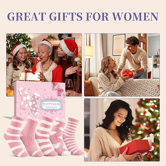 Niorasen Fluffy Socks Womens with Gift Box, Cosy Bed Socks for Women, Warm&Comfy Fuzzy Sock, Christmas Gifts for Women Ladies Girls, 5 Pairs, 3-8