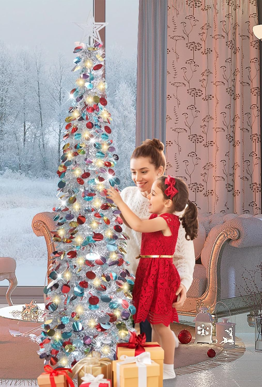 HMASYO 5FT/1.5M Pop Up Christmas Tree with Timer Lights, Silver Tinsel Christmas Tree, Collapsible Artificial Pencil Tree Xmas Decoration for Indoor Home Apartment Porch Party, Easy Assembly