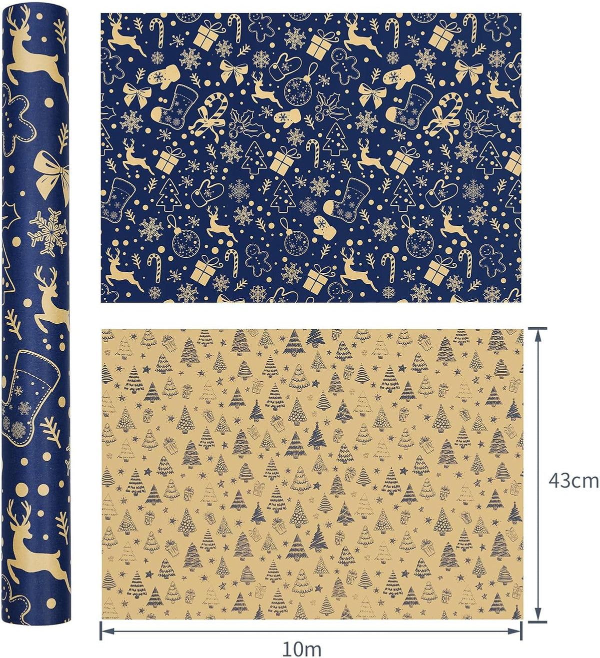 Christmas Wrapping Paper Roll for Xmas Gift Wrap, 43cm*10m Luxury Blue Double-sides Kraft Present Paper for Secret Santa Claus Ornament Party New Year Festive Holiday, One Roll_Two Packing Pattern