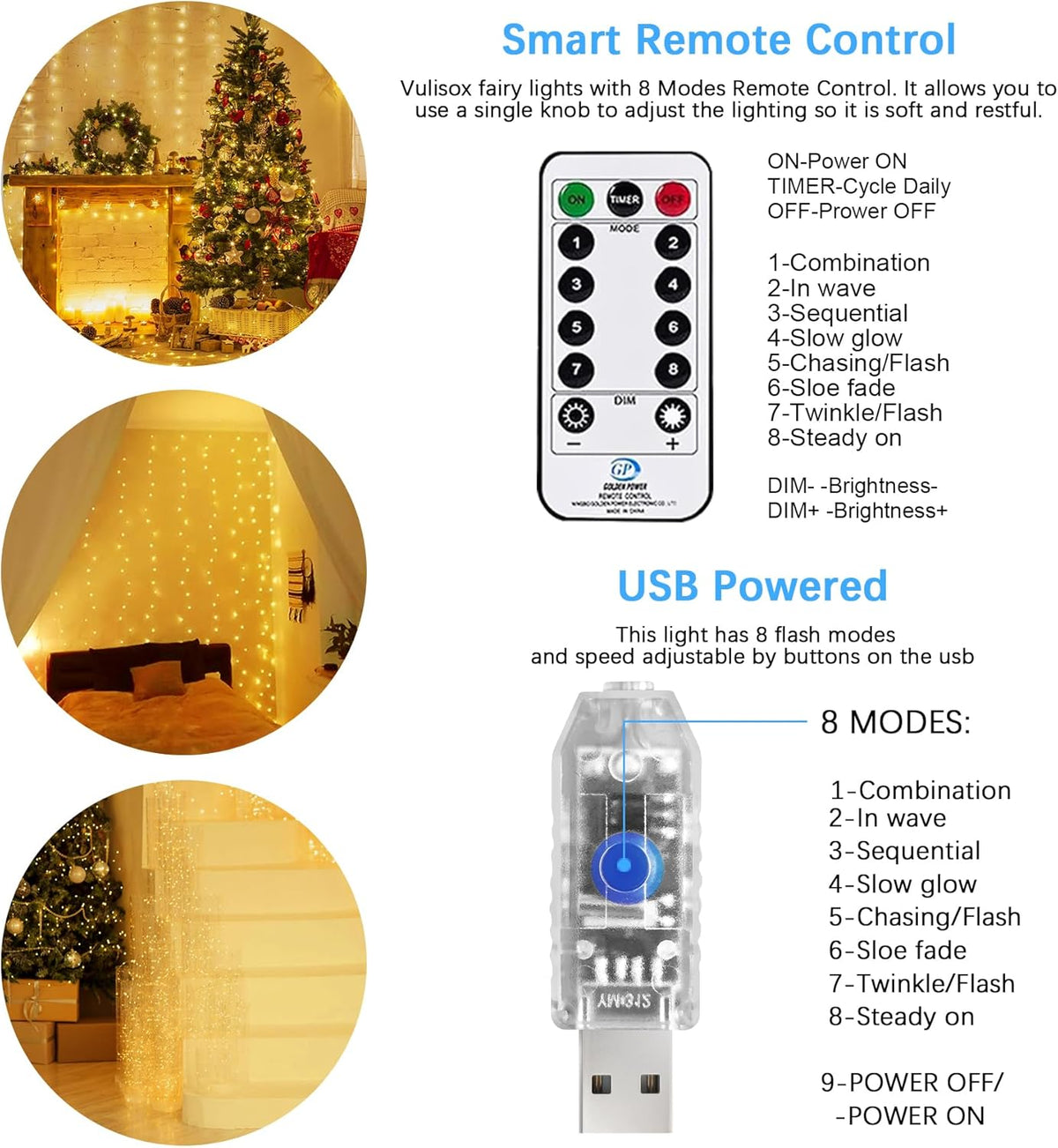 Vulisox Curtain Fairy Lights Indoor, 3mx3m 300LED Curtain Light USB Powered Waterproof String Lights 8 Mode Remote Control Timer, Fairy Lights for Christmas, Garden, Home Decor(Warm White)