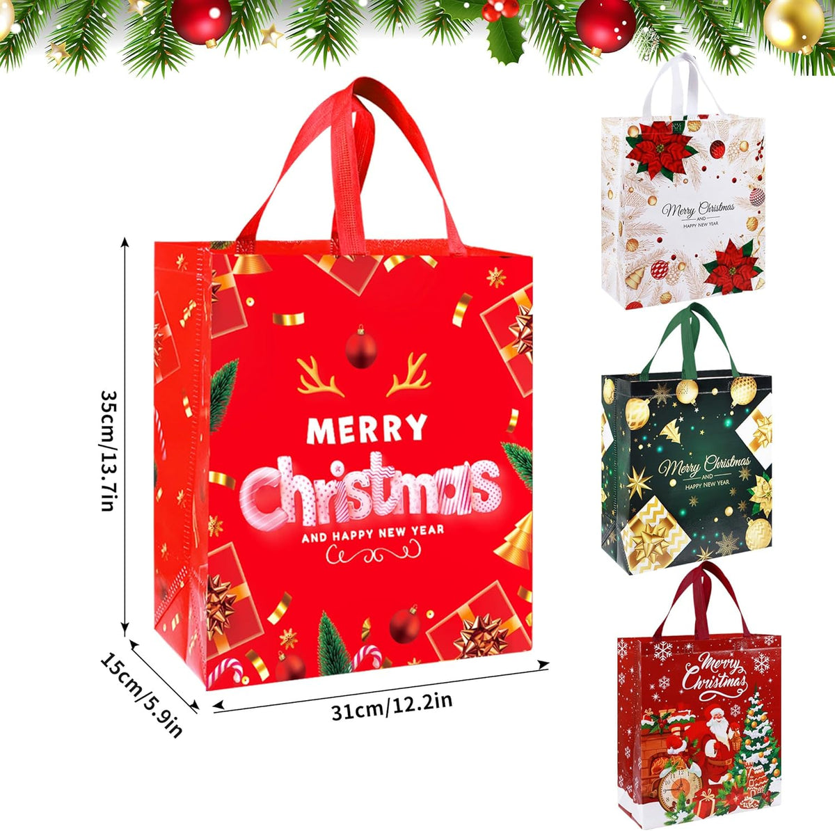 Large Christmas Tote Bags with Handle, 6 Pack Reusable Xmas Grocery Carrier Gift Bags,Waterproof Shopping for Christmas Presents Party Holiday Decoration Lovely Design