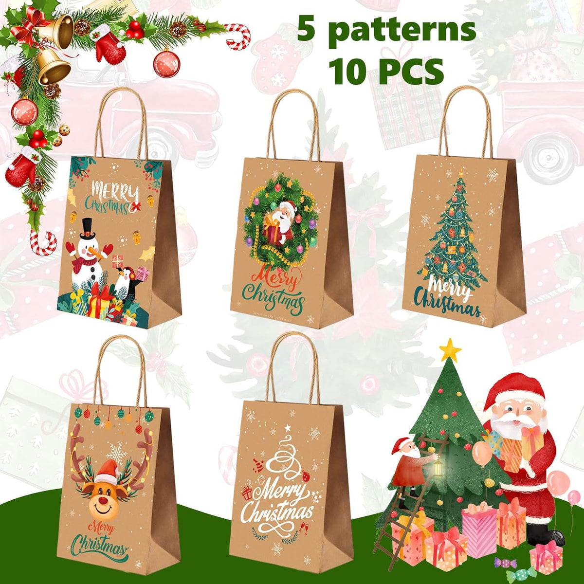 AUXHCYL Christmas Bags Gift Small, 10 Pcs Xmas Bag for Presents, 5 Style Kraft Paper Gift Bags with Handles, Perfect for Christmas Party Favor Supplies(21 x 15 x 8 cm)