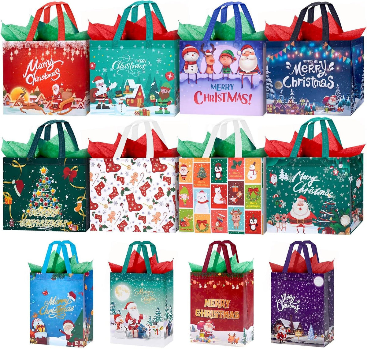 12 Pack Christmas Bags with Tissue Paper, Reusable Tote Bag with Handles Includes 8 Large 13",4 Medium 10" Christmas Treat Shopping Bags, Xmas Party Favor Bags Decorations