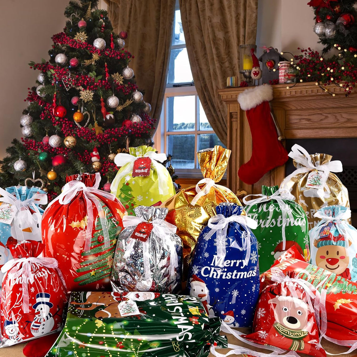 Christmas Bags 30Pcs Christmas Drawstring Gift Bags Assorted Sizes Large Medium Small Wrapping Bags 12 Design Goody Bags for Presents with Tags Xmas Gift Bags for Party