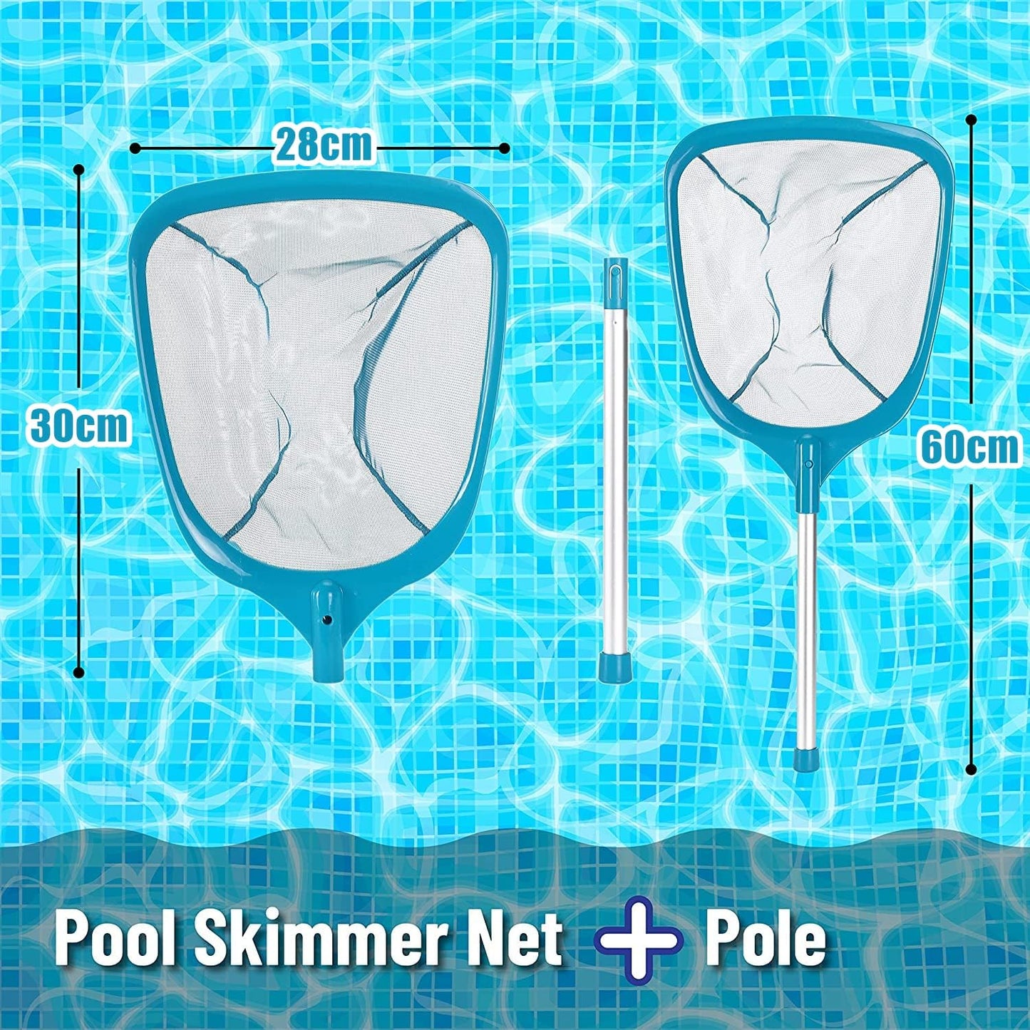 LATERN Pool Skimmer Net with Pole, 60CM Swimming Pool Leaf Cleaning Net Fine Mesh Skimmer with Pole for Cleaning Pool Garden Pond Fountain Tubs Spa Fish Tank