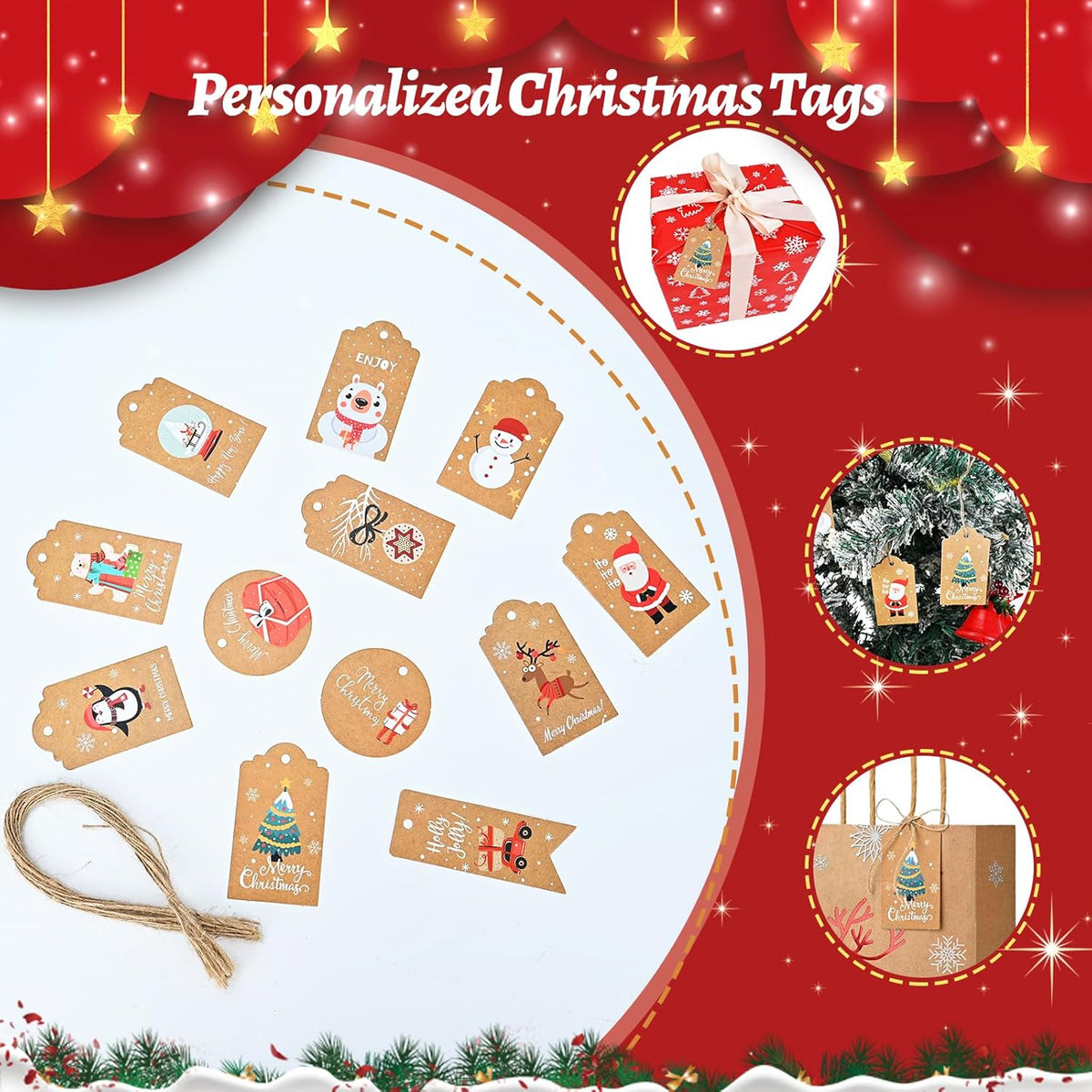 Christmas Kraft Gift Bags 12Pcs Small Xmas Wrapping Bags, Goody Gift Wrap Treat Candy Paper Packing with Handle & Red Foiling Design-Elk Santa Claus Snowman for Party Favors Present Decor Supplies